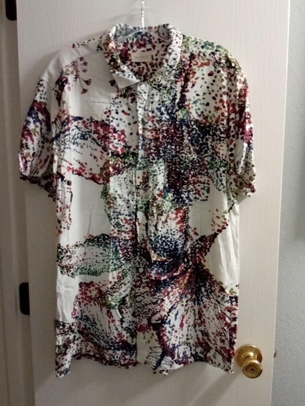 Men's White Multicolor Splash-Print Short Sleeve Shirt